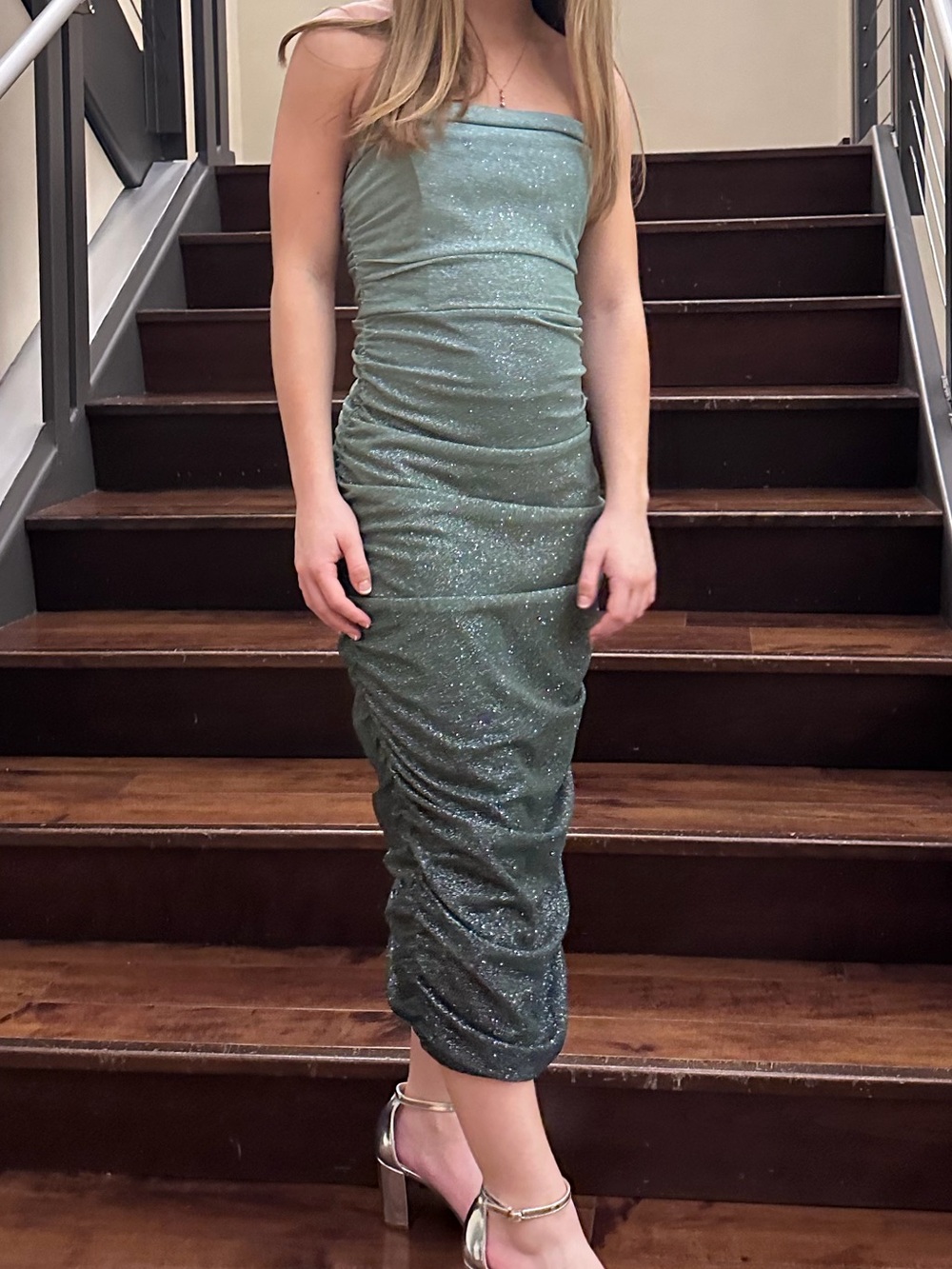 Windsor Shimmer Green Strapless Ruched Midi Dress